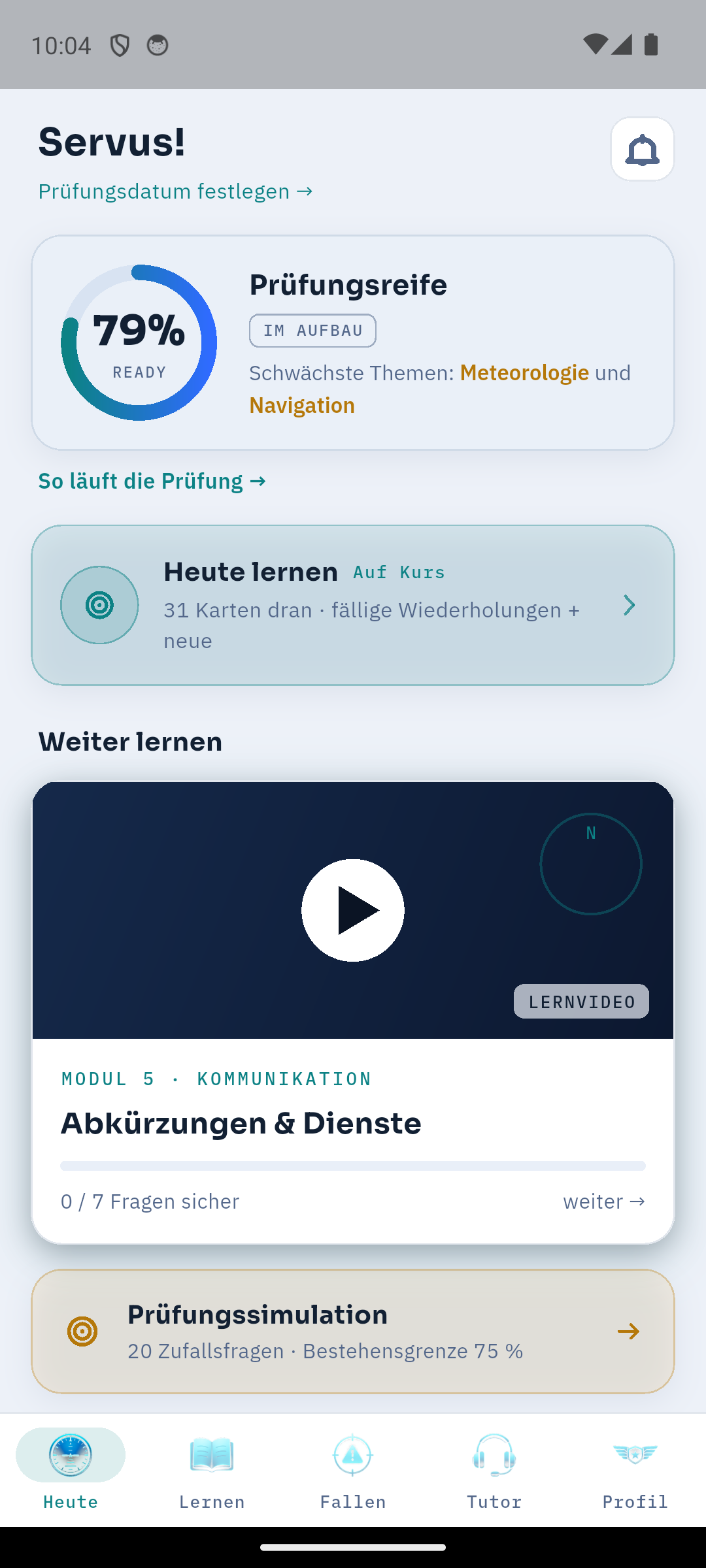 ExamWing Startseite mit Lern-Dashboard und Tagesziel