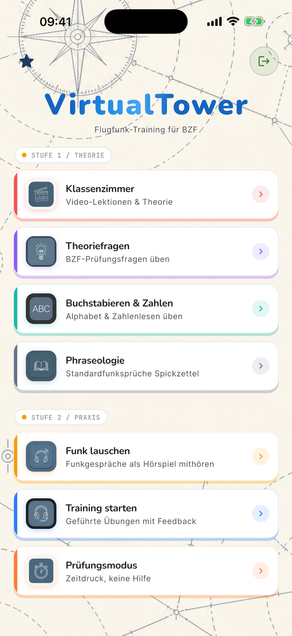 VirtualTower Startbildschirm mit allen Lernmodulen